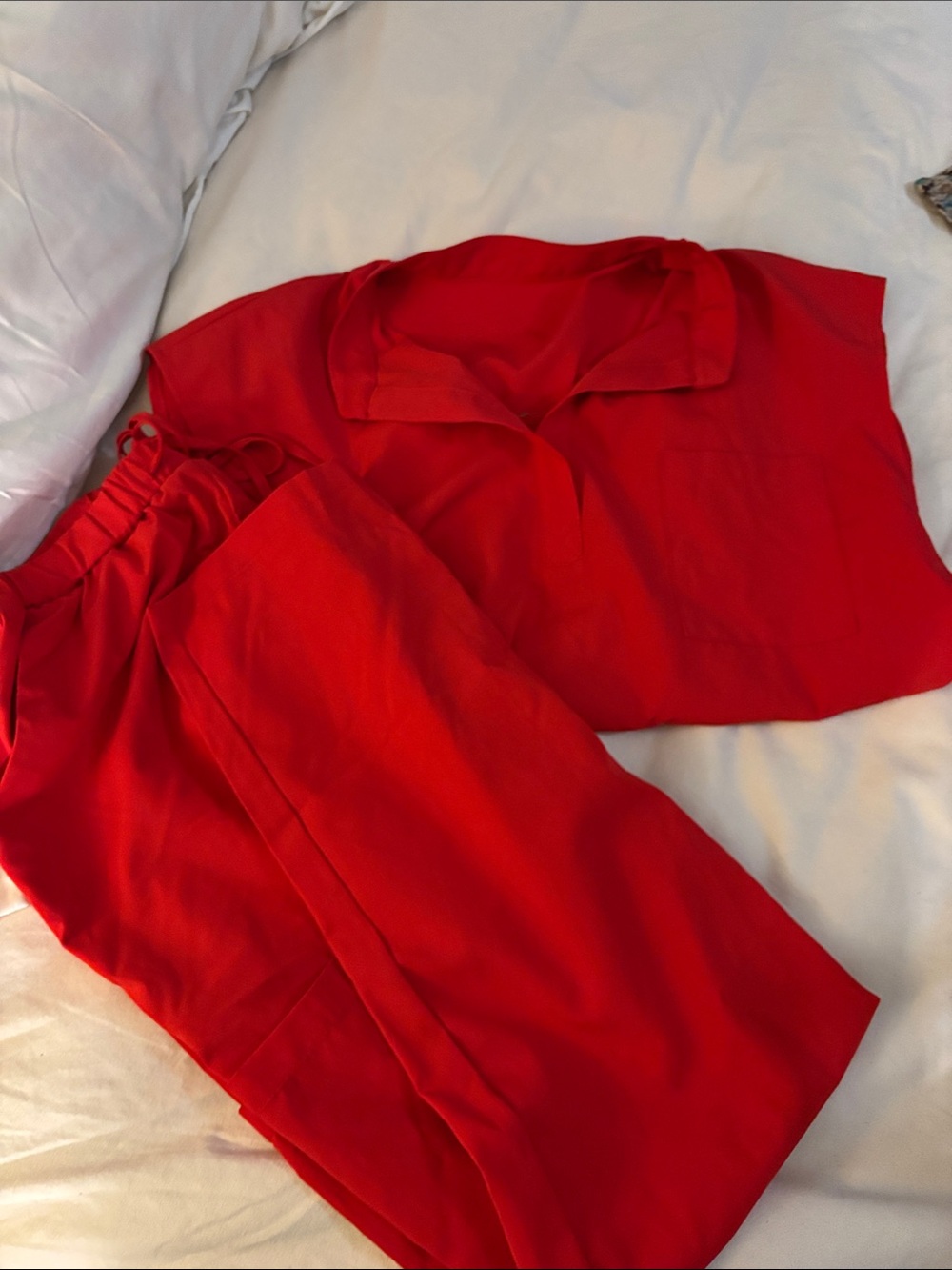 Women's Red Drawstring/Elastic cargo pants and matching scrub top